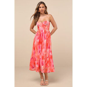 Lulus Aysel Coral Pink Abstract Strapless Bustier Midi Dress - Size S
